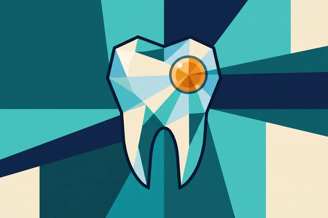 Molar stilizat cu o plombă portocalie luminoasă pe suprafață, în stil cubist